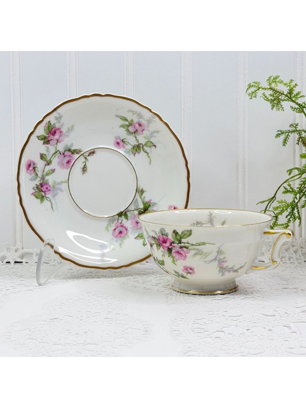 VTG Set of 5 Haviland Limoges Sylvia Teacups & Saucers Pink Roses Cottagecore